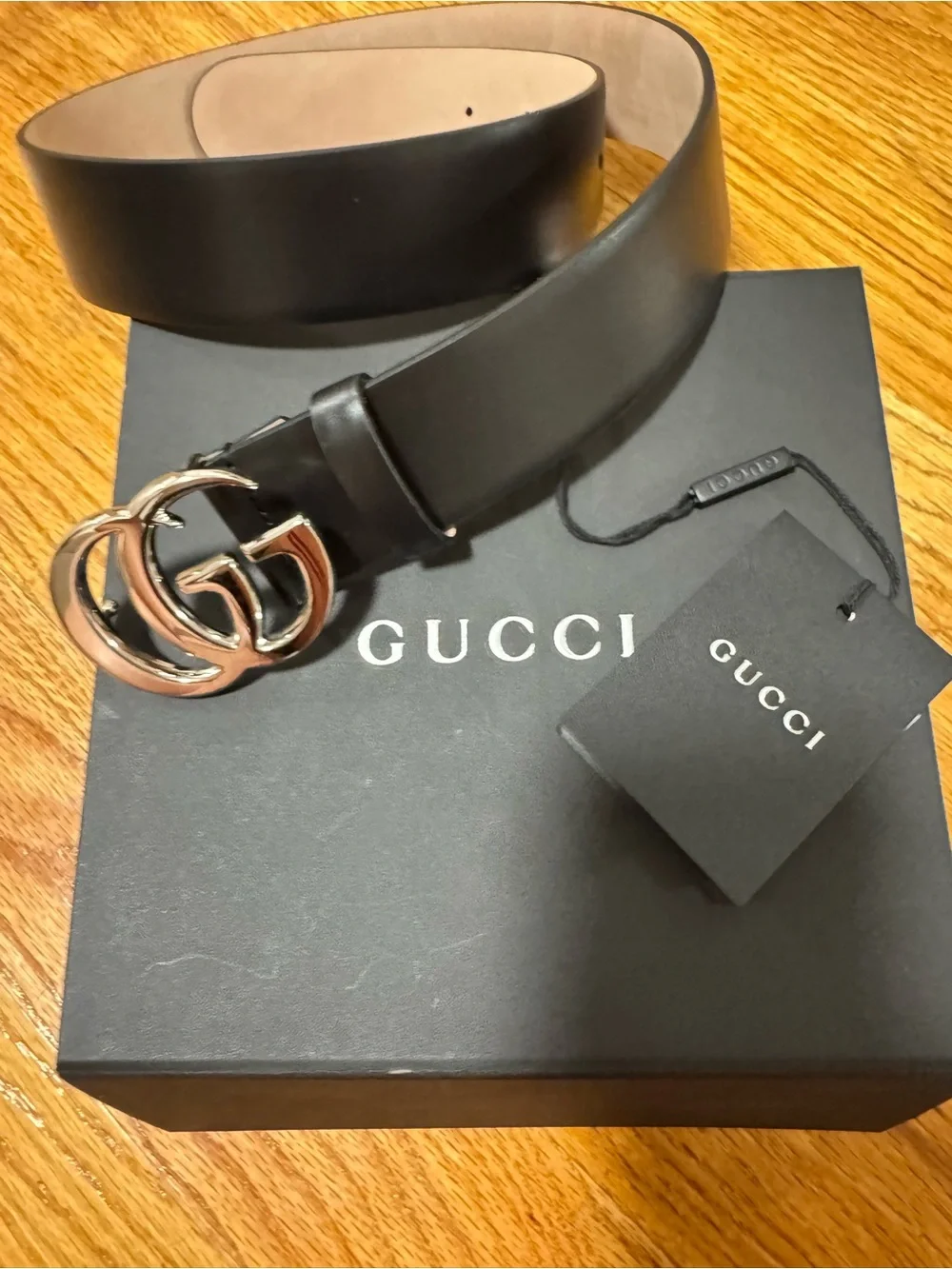 Gucci Flat Marmont Double G Black Leather Silver Buckle Belt Men’s Size 80/32